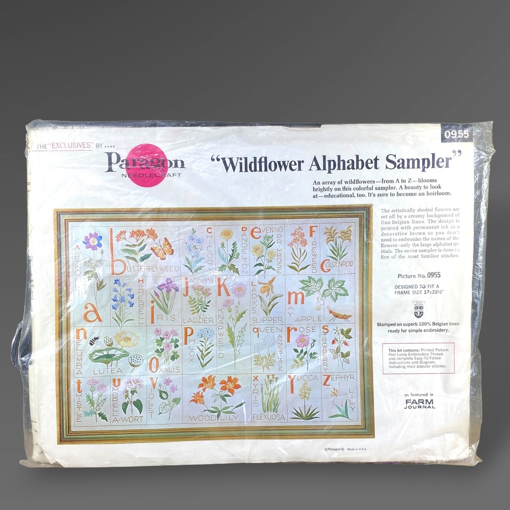 Paragon Wildflower Alphabet Sampler Embroidery Kit 0955 Belgian Linen 1975